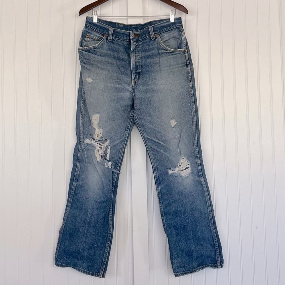 Vintage Thrashed Jeans Light Wash Baggy Wide Leg Holes Distressed Work 34 Waist
